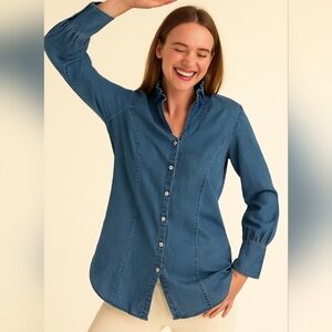Soft Surroundings Chambray Blue Ruffle Collar Button-Up Shirt Long XL